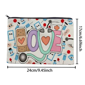 Canvas makeup bag with cute medical love pattern, zipper pencil case for travel and daily use.