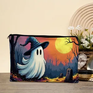 Halloween ghost print makeup pouch detail view, showing vibrant colors and neat zipper close-up.