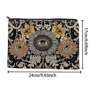 Détail de la pochette zippée en toile avec motif tournesol et dimensions clairement indiquées.