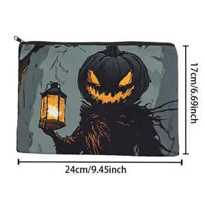 Halloween pumpkin canvas cosmetic bag detail showing clear dimensions and zipper design.