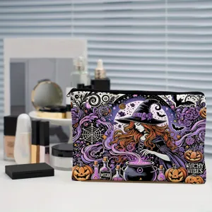 Halloween witch cosmetic bag detail, large capacity cartoon makeup organizer pouch for women.