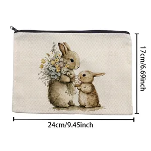 Linen cosmetic bag with watercolor bunny design, durable zipper closure, spacious storage pouch.