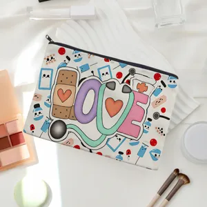 Cute nurse medical theme makeup pouch with zipper closure, perfect for travel and daily storage.
