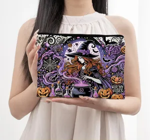 Halloween witch theme cosmetic bag large capacity portable makeup pouch with cute zipper.