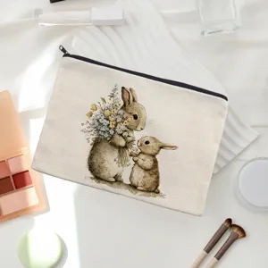 Linen makeup pouch with cute watercolor rabbit illustration, perfect Easter gift and storage.