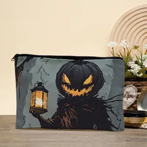 Halloween canvas cosmetic storage bag spooky pumpkin pattern zipper pouch versatile makeup bag