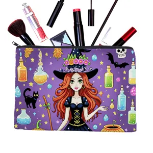 Details of the large capacity cartoon witch makeup bag, showing vibrant magic potion print and zip.