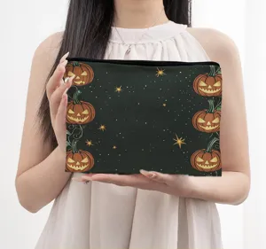 Halloween pumpkin print zipper cosmetic bag stylish clutch handbag spooky makeup pouch