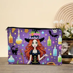 Portable large capacity cosmetic bag with cartoon witch print, ideal travel wash and storage bag.