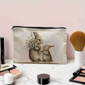 Linen makeup bag vintage watercolor rabbit print zipper pouch large storage clutch handbag for women