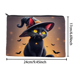 Detail shot of the Halloween black cat print cosmetic zipper bag, compact size with clear view.