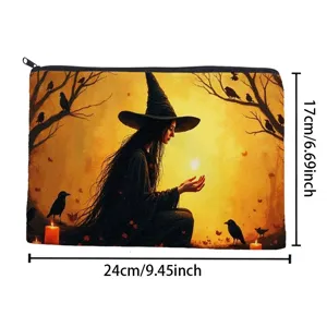 Fantasy witch print canvas cosmetic pouch, large capacity makeup storage bag with zipper.