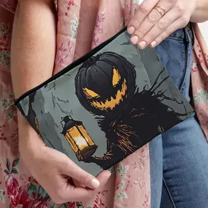 Halloween spooky pumpkin head canvas pouch detail, zipper closure, daily cosmetic storage.