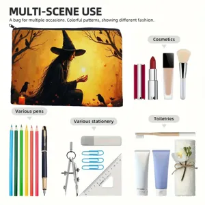Fantasy witch print makeup bag detail view, multi-purpose large capacity storage pouch for travel.