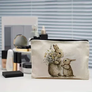 Watercolor bunny canvas cosmetic bag zipper pouch for daily storage and travel essentials.