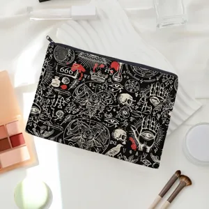 Pochette zippée en toile à motif occultiste gothique, trousse de maquillage stylée.