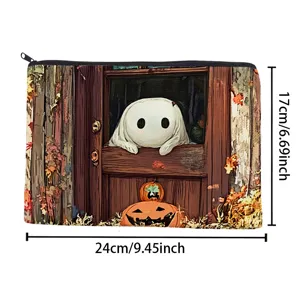 Halloween canvas cosmetic bag zipper pouch pencil case 24x17cm cute spooky ghost design