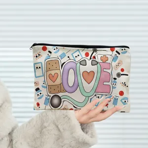 Canvas zipper cosmetic bag with cute medical cartoon LOVE design, portable storage pouch for travel.