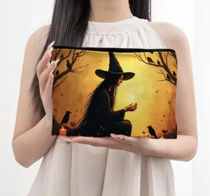 Large capacity fabric makeup bag with fantasy witch and raven print for women travel use.