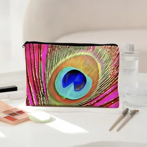 Canvas make-up tas met kleurrijke pauwenveer print, stijlvol ritszakje voor cosmetica dames.