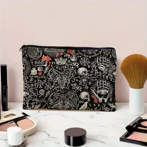 Sac de maquillage zippé en toile avec motif gothique occult, pochette de rangement.