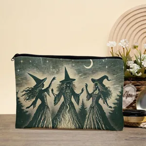 Vintage witch print cosmetic bag, large capacity portable makeup pouch for women and girls daily use.