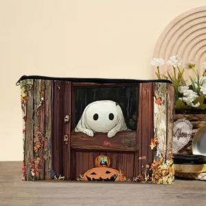 Detailed view of Halloween ghost and pumpkin canvas pencil case and cosmetic storage bag.