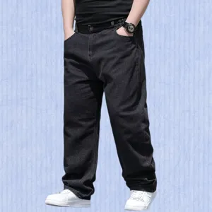 Detailed view of loose-fit dark grey denim jeans, showcasing comfortable straight leg and soft texture.