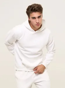 Detail view of a men's solid white hoodie featuring a comfortable hood and clean minimalist design.