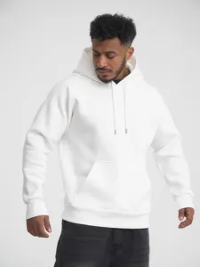 Men's solid white hoodie casual pullover sweatshirt with adjustable drawstring and front pocket.