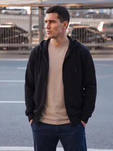 Men's black fleece-lined zip-up hoodie detail view, casual winter outerwear jacket.