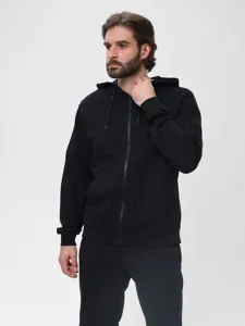 Detailed view of men's fleece-lined hooded zip sweatshirt in black, comfortable fit.