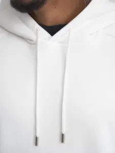 Men solid color casual white hooded sweatshirt hoodie detail view, 320g thick fleece top.