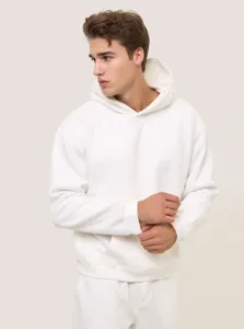 Men's solid white hoodie detail view, showing clean hooded sweatshirt design and soft fabric texture.