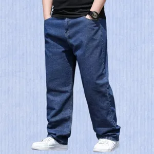 Men's oversize loose straight fit blue denim jeans casual daily wear comfortable.