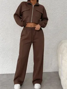 Brown zip crop top and high waist wide leg pants set, casual streetwear two piece outfit.