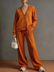 Stylish autumn winter solid color V-neck cardigan and wide leg pants two piece set detail