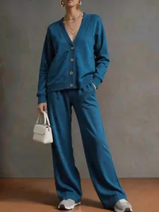 Detailed view of the stylish autumn solid color V-neck cardigan and loose wide-leg pants set.