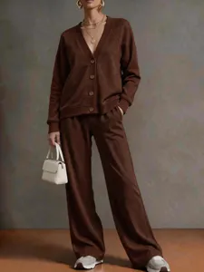 Brown V-neck knit cardigan matching wide-leg pants two piece set detail view fashion.