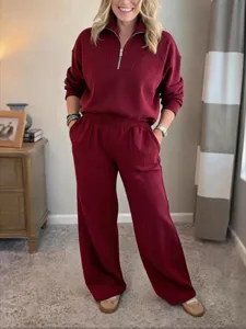 Women's Casual Knitted Tracksuit Half Zip Sweatshirt Top And Wide Leg Pants Loungewear For Autumn Winter Home Daily Wear