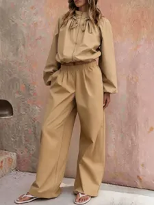 Women Stand Collar Zipper Jacket And Wide Leg Pants Top And Bottom Streetwear Casual Cotton Polyester Blend Autumn Winter Suit