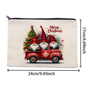 Christmas canvas makeup bag with cute gnomes and truck print, portable zipper pouch for travel.