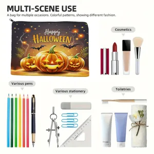 Canvas Halloween pumpkin cosmetic bag, large capacity multi-scene storage pouch for stationery.