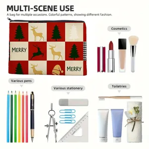 Christmas linen zipper pouch multi-function makeup bag and pencil case with deer pattern