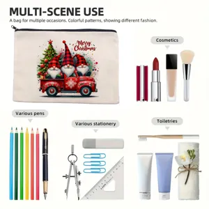 Canvas makeup pouch detail showing multi-scene use, Christmas gnome print, spacious storage.