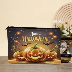 Halloween canvas makeup bag with cute pumpkin print, large capacity pencil pouch for travel.