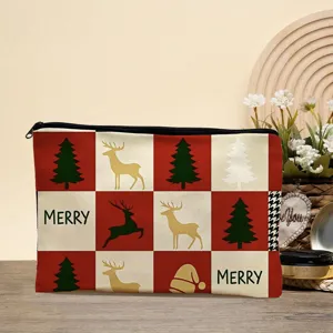 Christmas Zippered Cosmetic Bag Linen Travel Pouch Festive Reindeer Makeup Organizer
