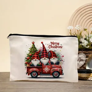 Close-up detail view of the Christmas makeup pouch showing festive gnomes and a vintage red truck.