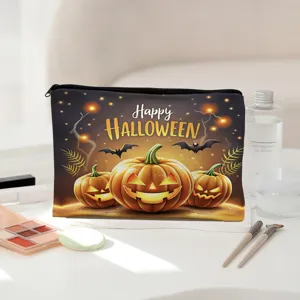 Halloween pumpkin print canvas cosmetic bag large capacity makeup pouch travel storage bag.