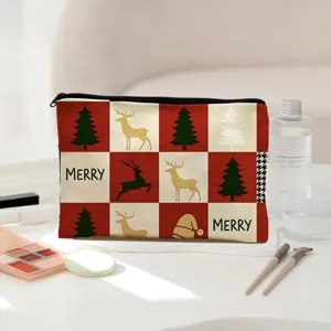 Christmas themed linen cosmetic bag zipper makeup pouch large capacity toiletry organizer.